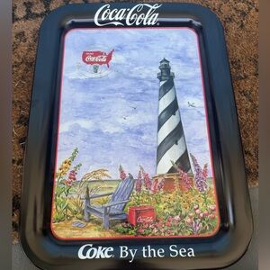 Vintage Coca-Cola Black Tray with Hatteras Lighthouse and Sea Design 1998 Coke